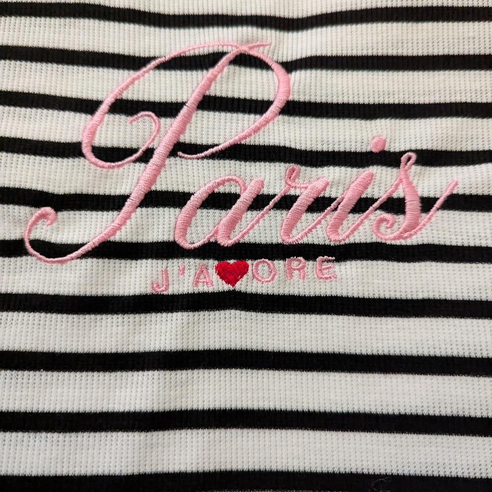 Striped Black and White Kids Tee with Pink Paris Embroidery